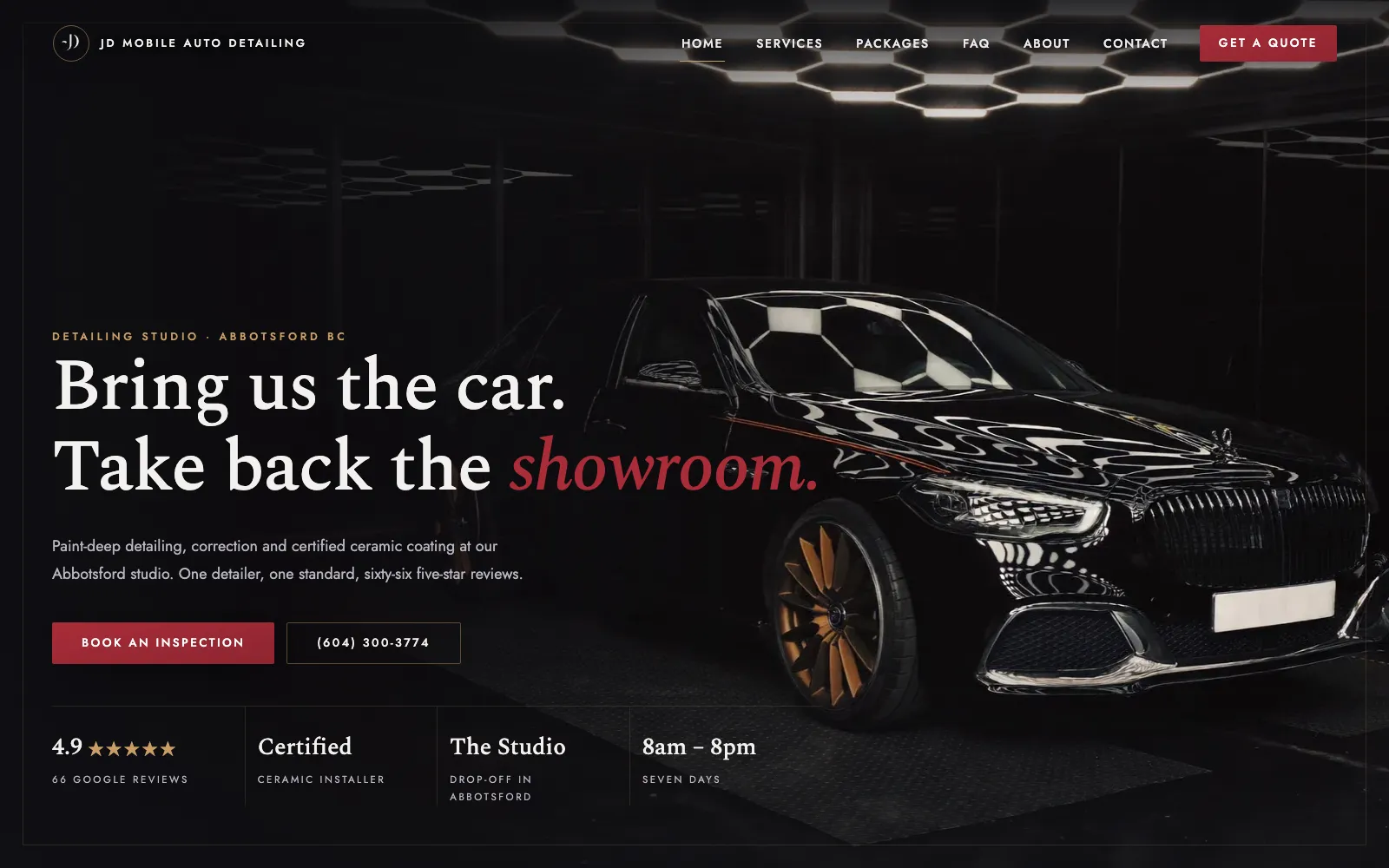 JD Mobile Auto Detailing homepage: a black sedan with bronze wheels in a dark detailing studio behind large serif type