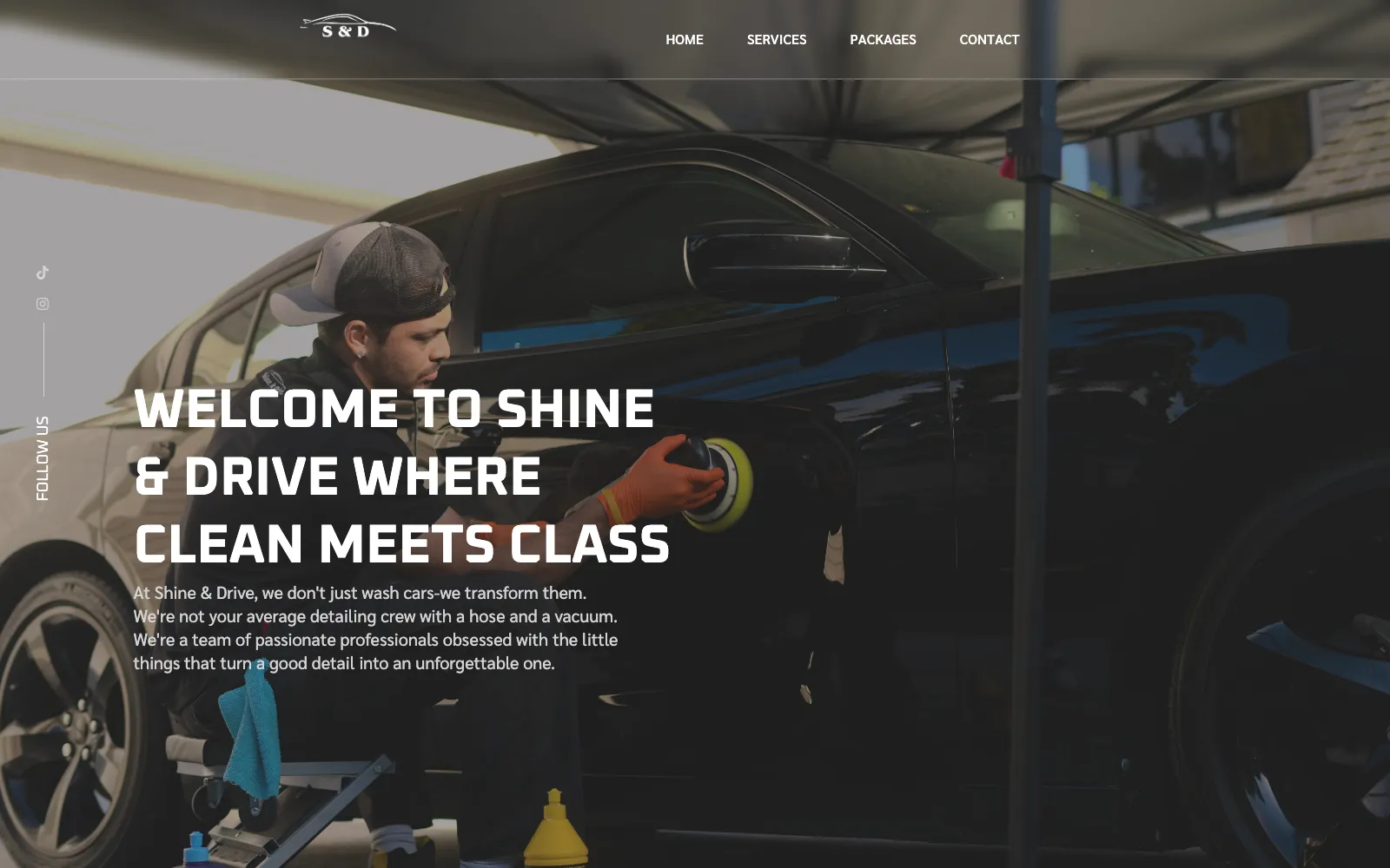 Shine and Drive detailing homepage: a detailer polishing a black car under a canopy